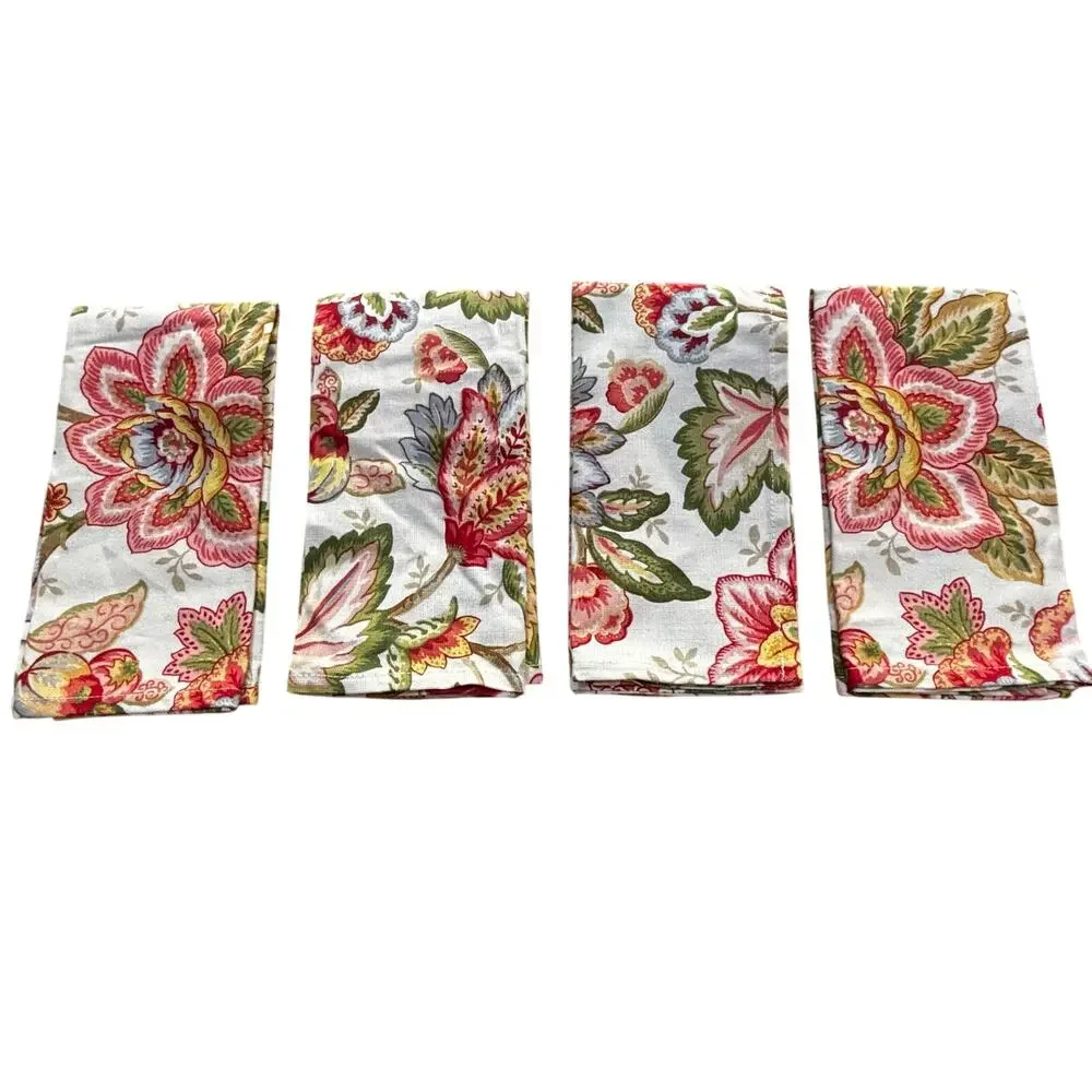 Set of 4 cotton cloth napkins Jacobean flowers colorful pink & green 20